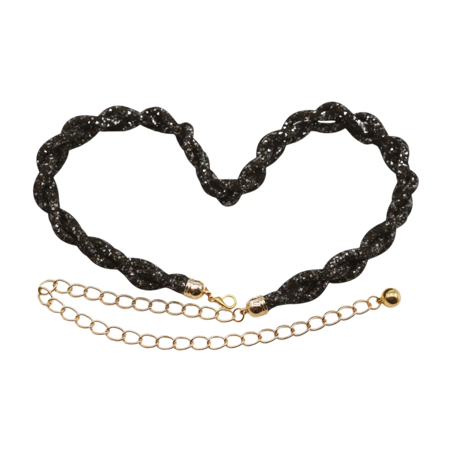 Women Black Mesh Braided Belt Silver Beads Gold Chain S M