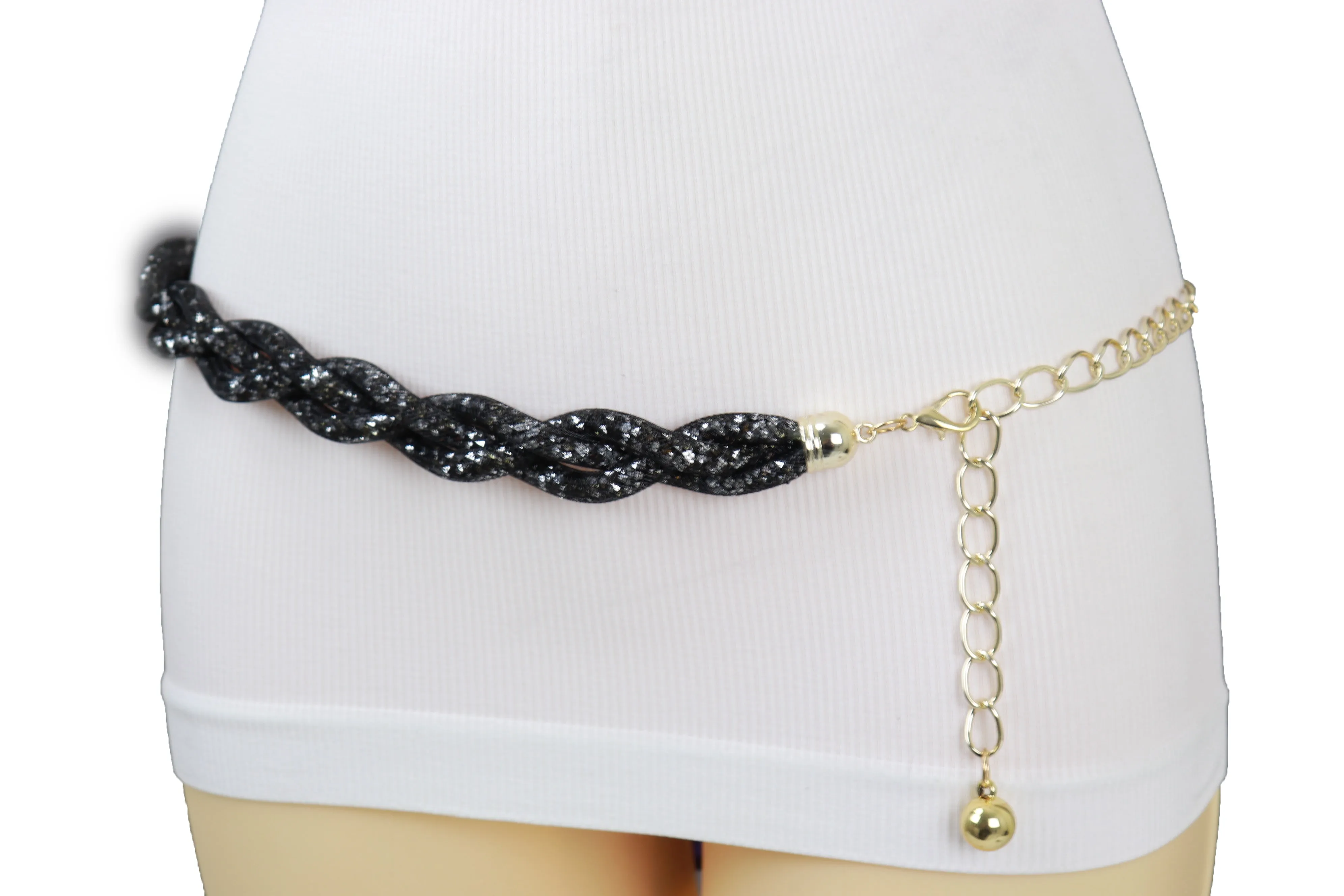 Women Black Mesh Braided Belt Silver Beads Gold Chain S M
