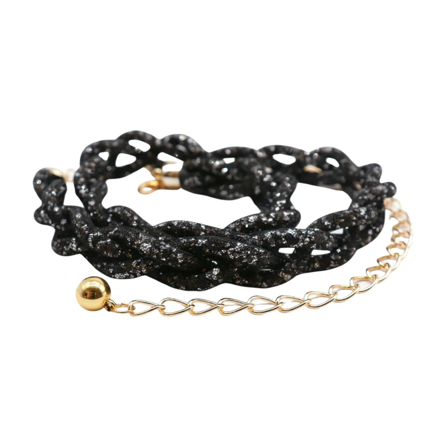 Women Black Mesh Braided Belt Silver Beads Gold Chain S M