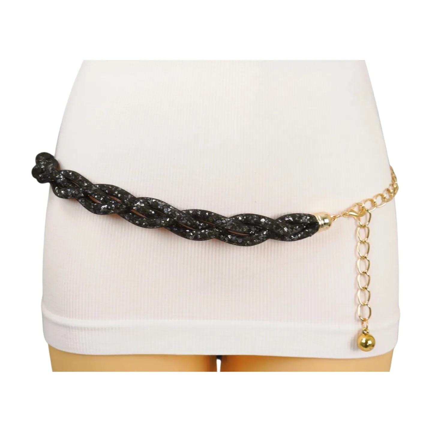 Women Black Mesh Braided Belt Silver Beads Gold Chain S M
