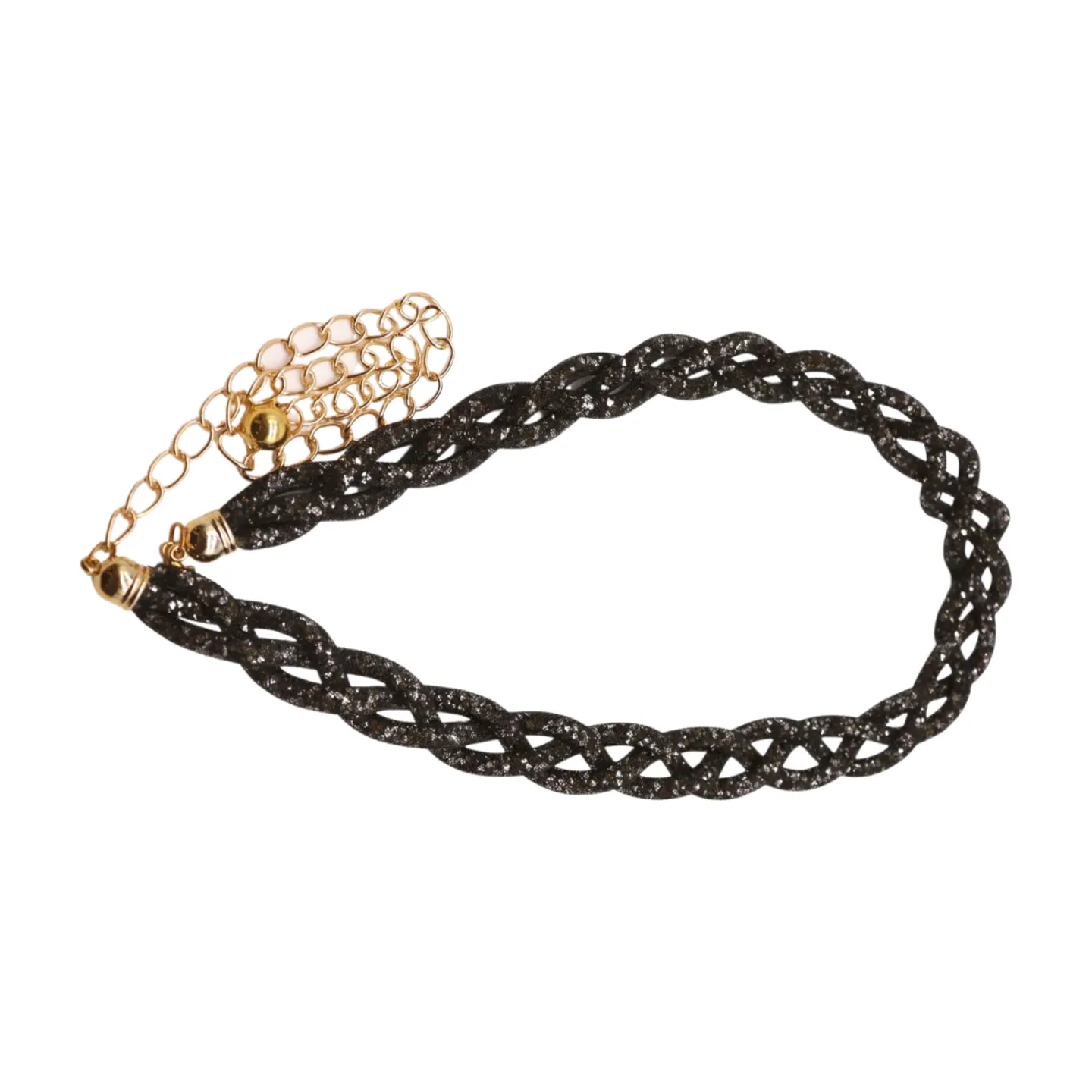Women Black Mesh Braided Belt Silver Beads Gold Chain S M