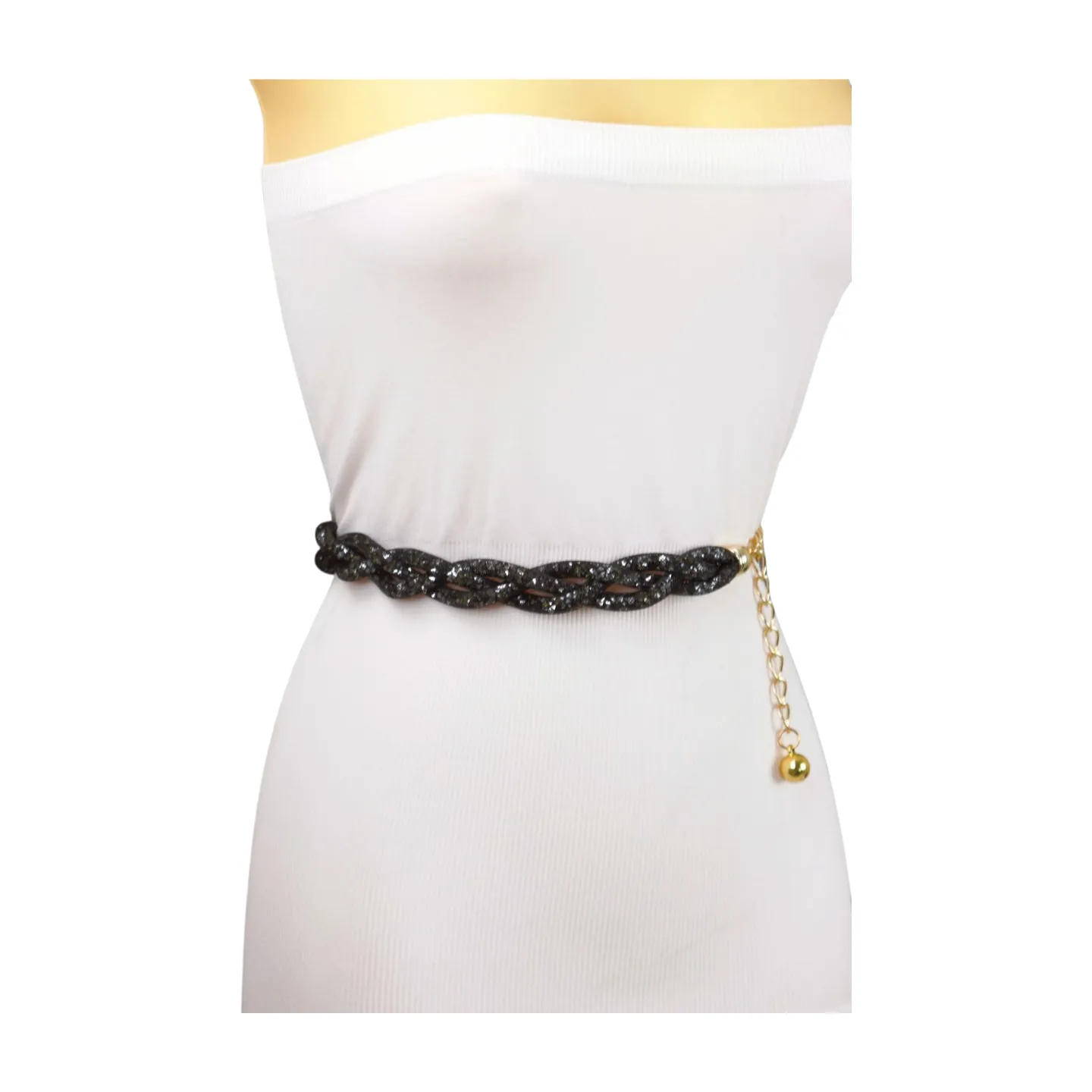 Women Black Mesh Braided Belt Silver Beads Gold Chain S M