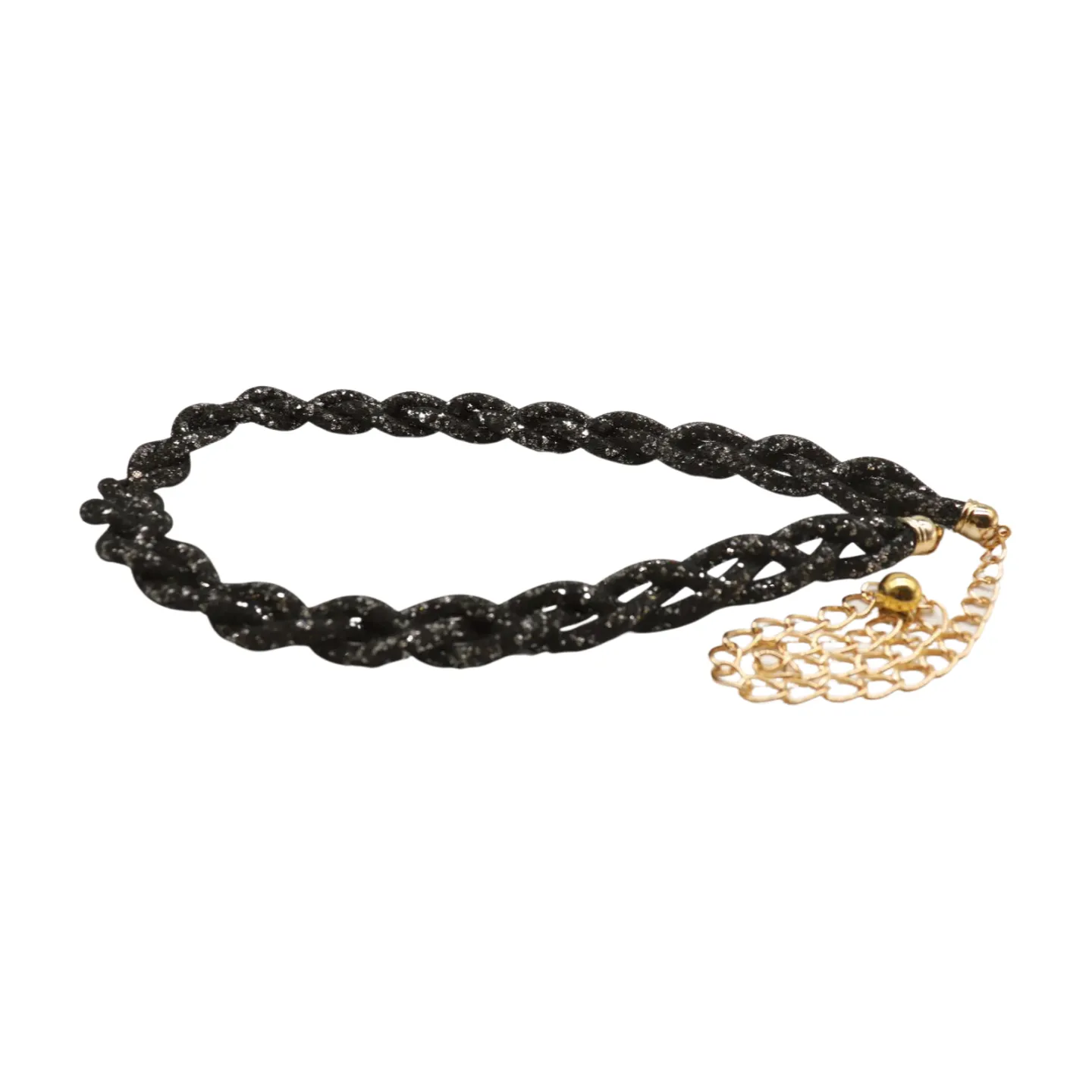 Women Black Mesh Braided Belt Silver Beads Gold Chain S M