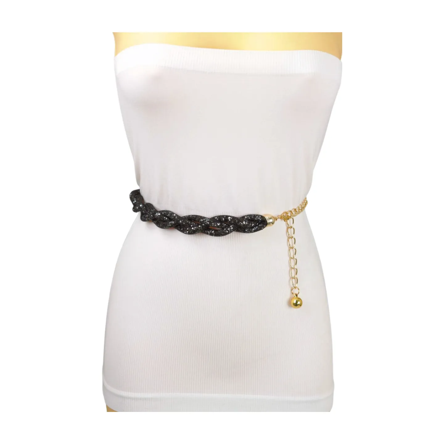 Women Black Mesh Braided Belt Silver Beads Gold Chain S M