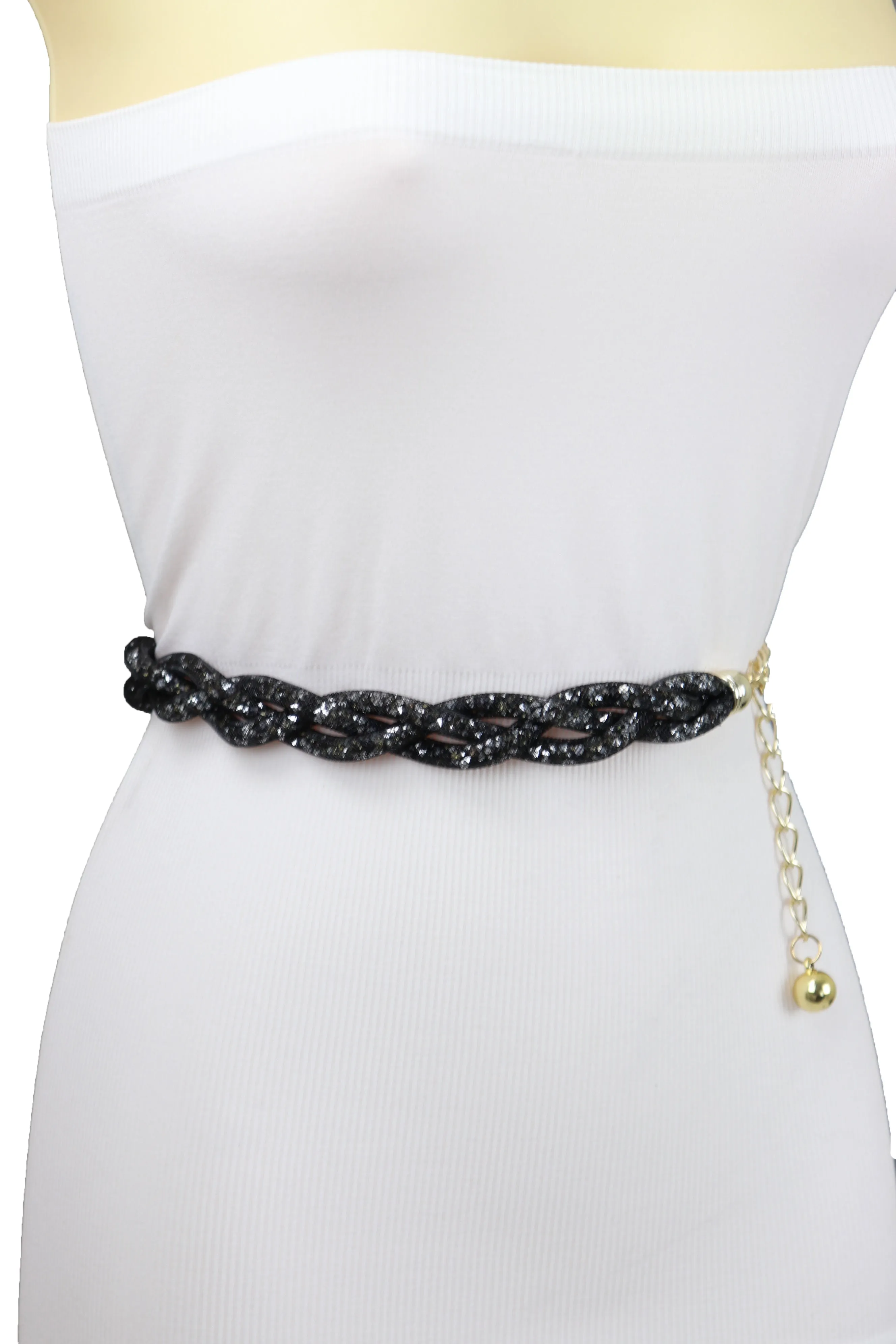 Women Black Mesh Braided Belt Silver Beads Gold Chain S M