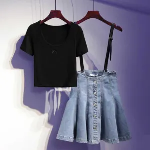 Women Black Pullover Round Neck T-shirt strap Denim Dress 2pcs Denim Skirt T-shirt Suit