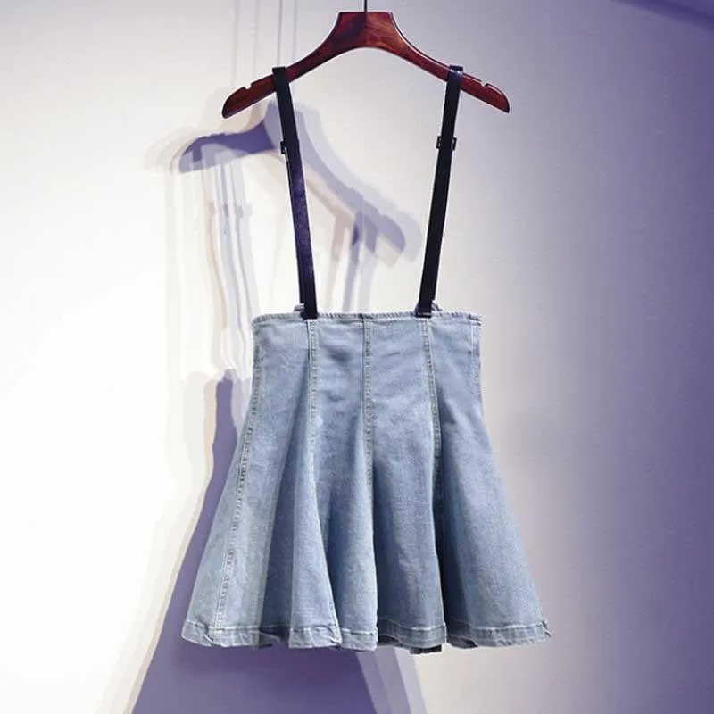 Women Black Pullover Round Neck T-shirt strap Denim Dress 2pcs Denim Skirt T-shirt Suit
