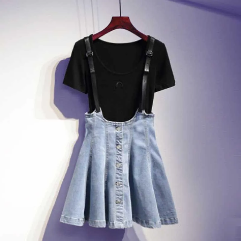 Women Black Pullover Round Neck T-shirt strap Denim Dress 2pcs Denim Skirt T-shirt Suit