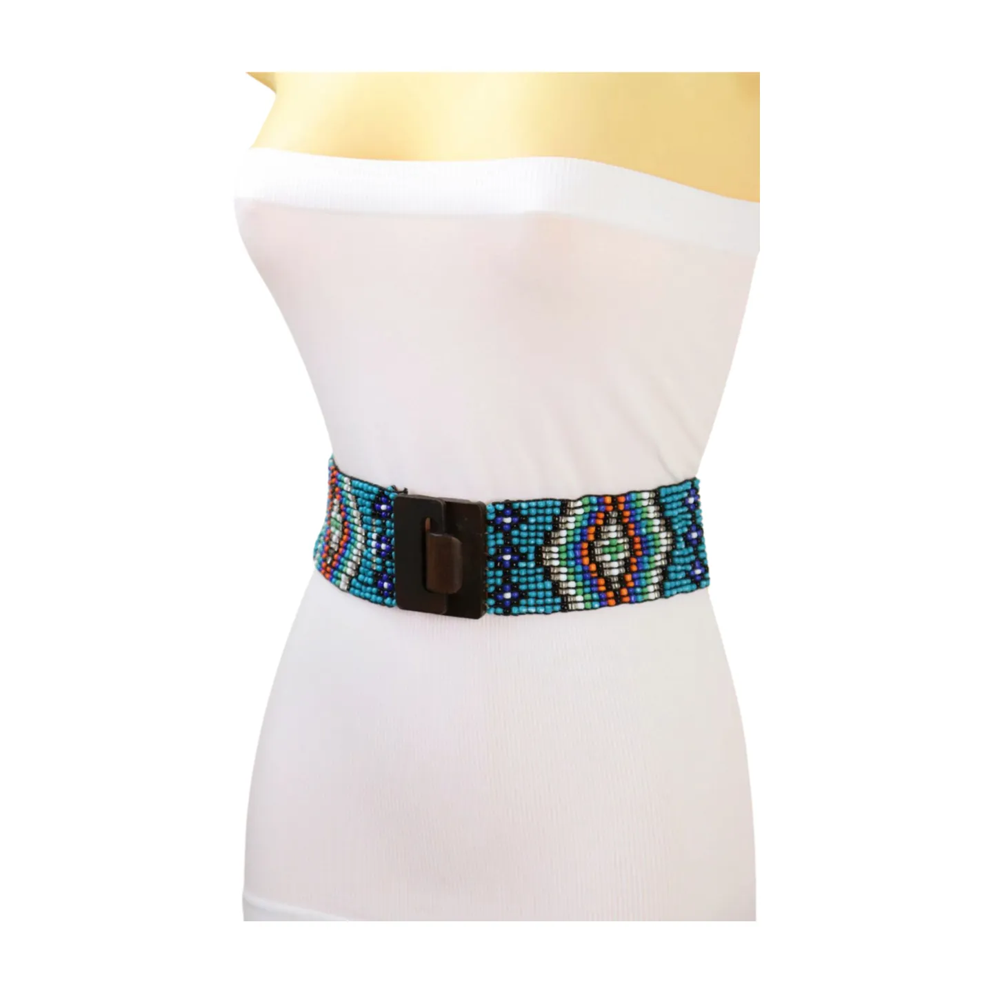 Women Blue Beads Elastic Ethnic Belt Brown Wood Buckle S M