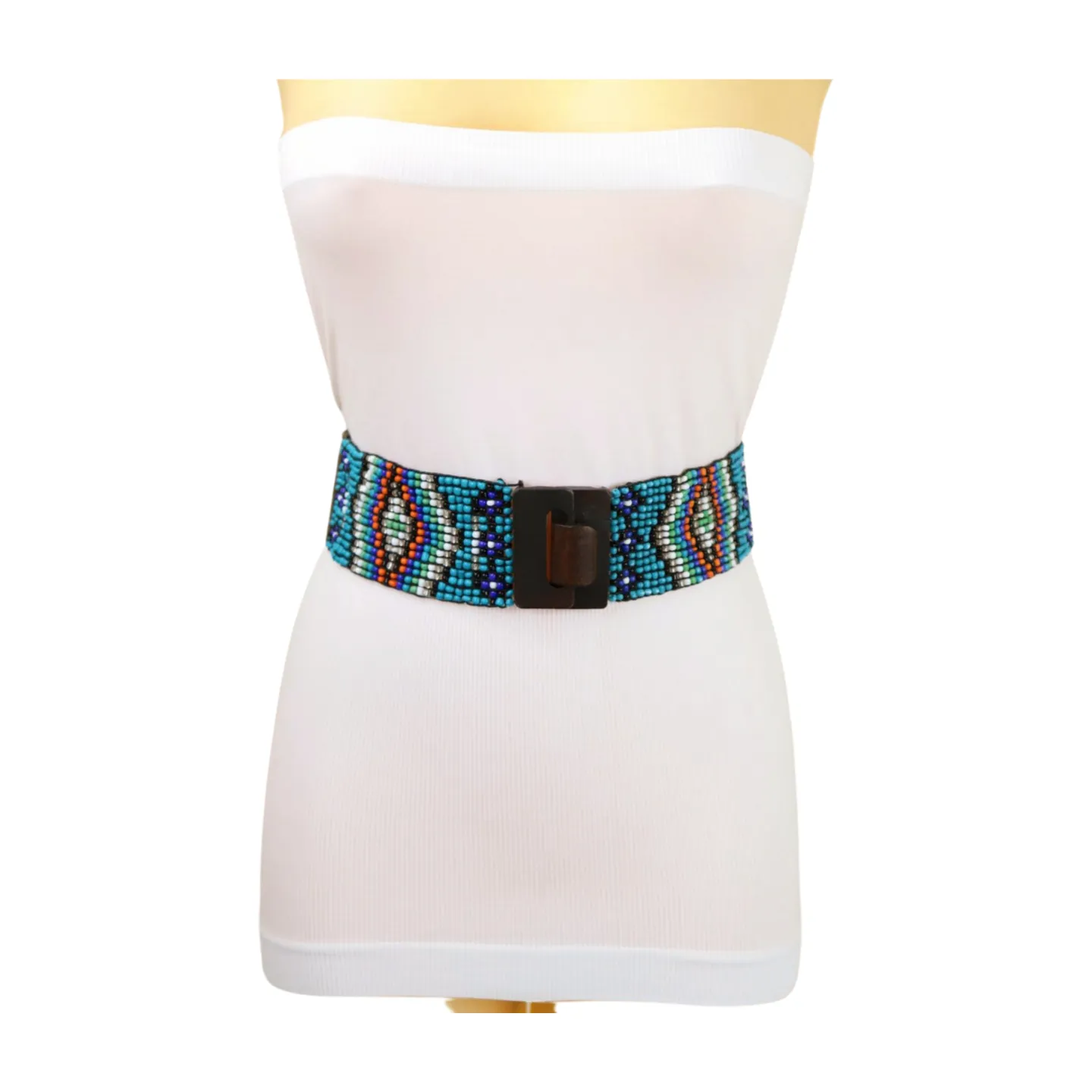 Women Blue Beads Elastic Ethnic Belt Brown Wood Buckle S M