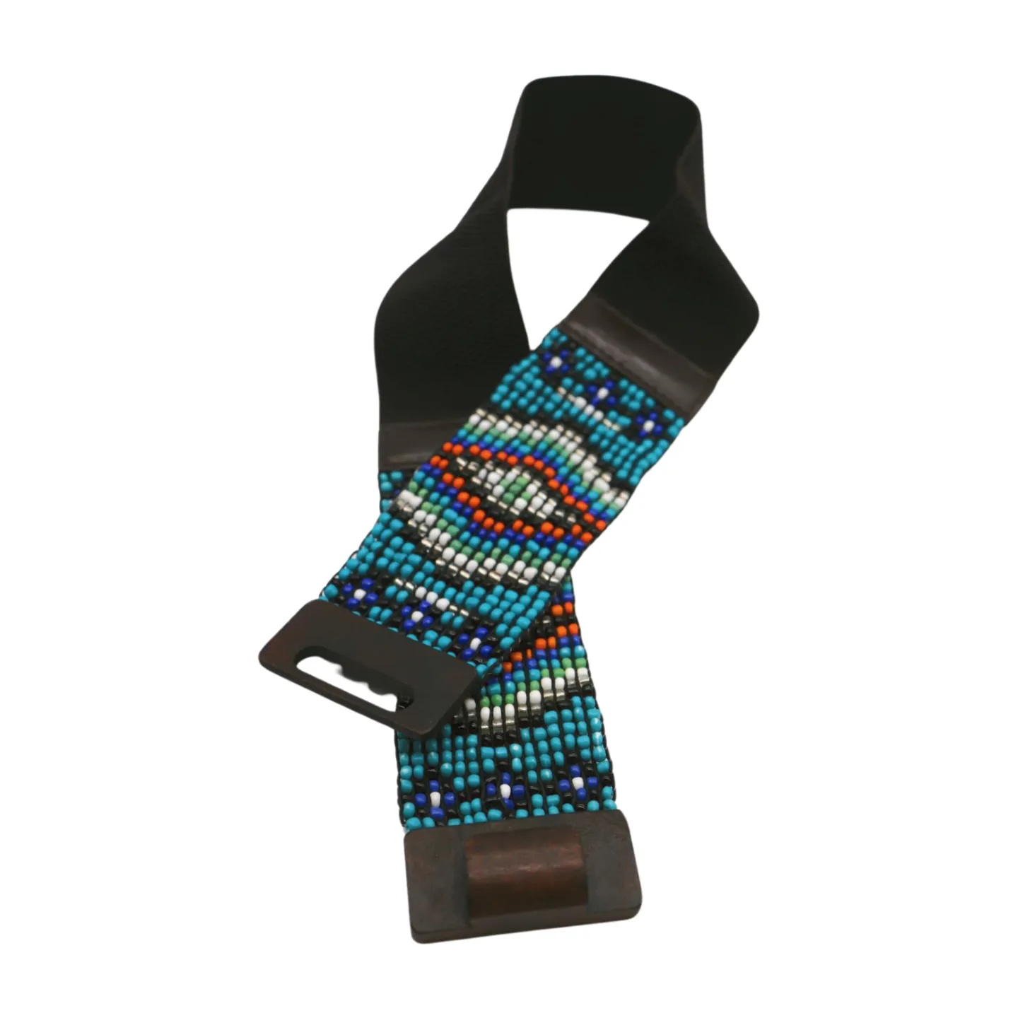 Women Blue Beads Elastic Ethnic Belt Brown Wood Buckle S M