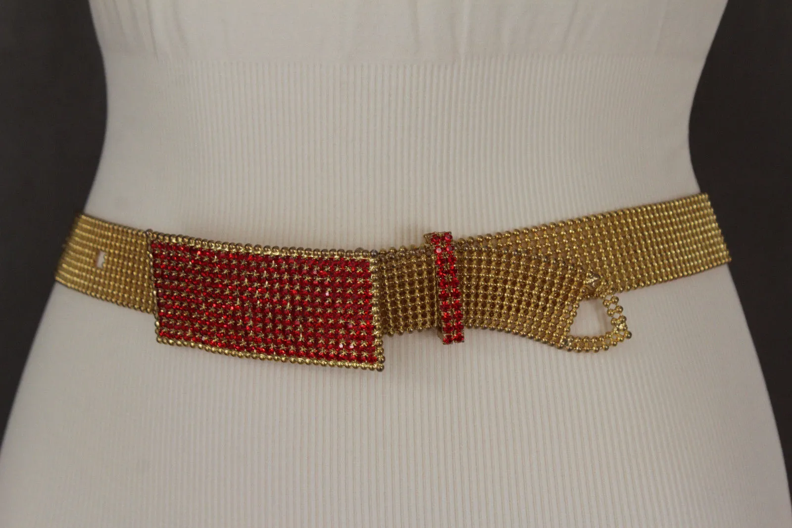 Women Blue Beads Elastic Ethnic Belt Brown Wood Buckle S M