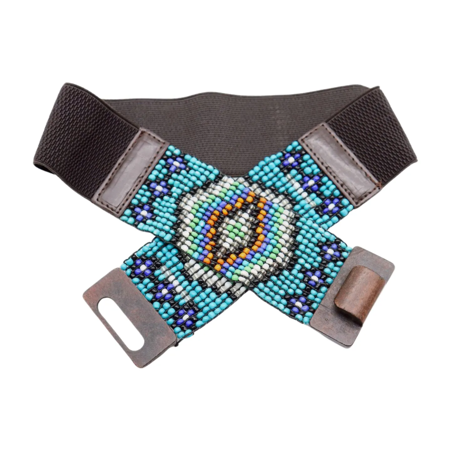Women Blue Beads Elastic Ethnic Belt Brown Wood Buckle S M