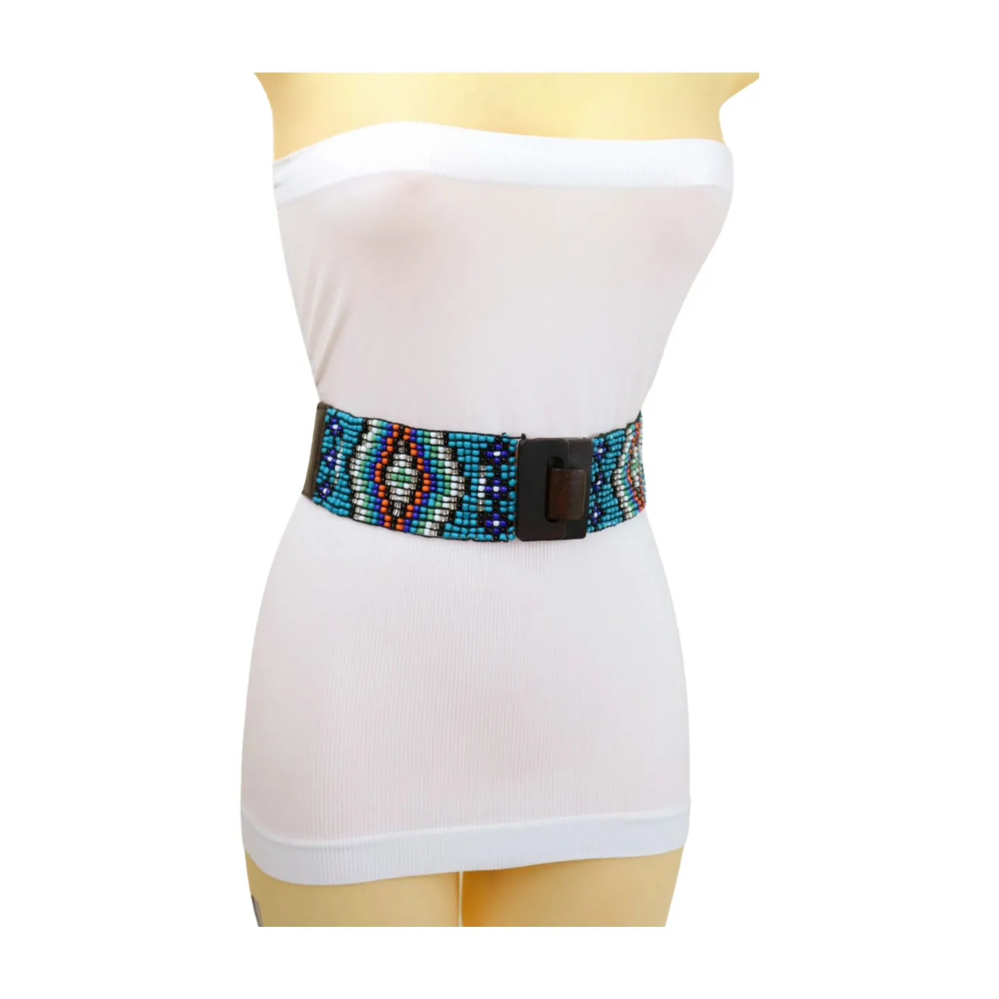 Women Blue Beads Elastic Ethnic Belt Brown Wood Buckle S M