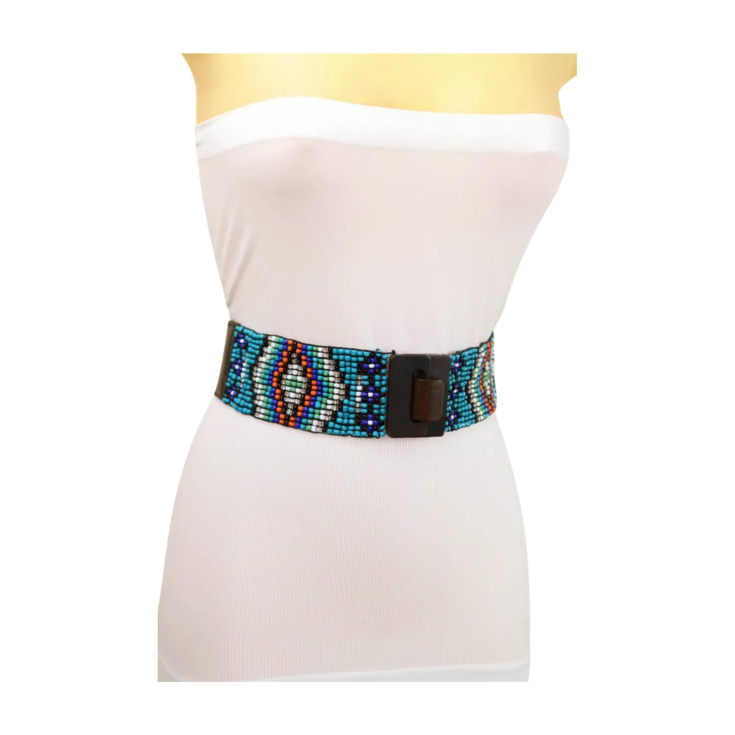 Women Blue Beads Elastic Ethnic Belt Brown Wood Buckle S M