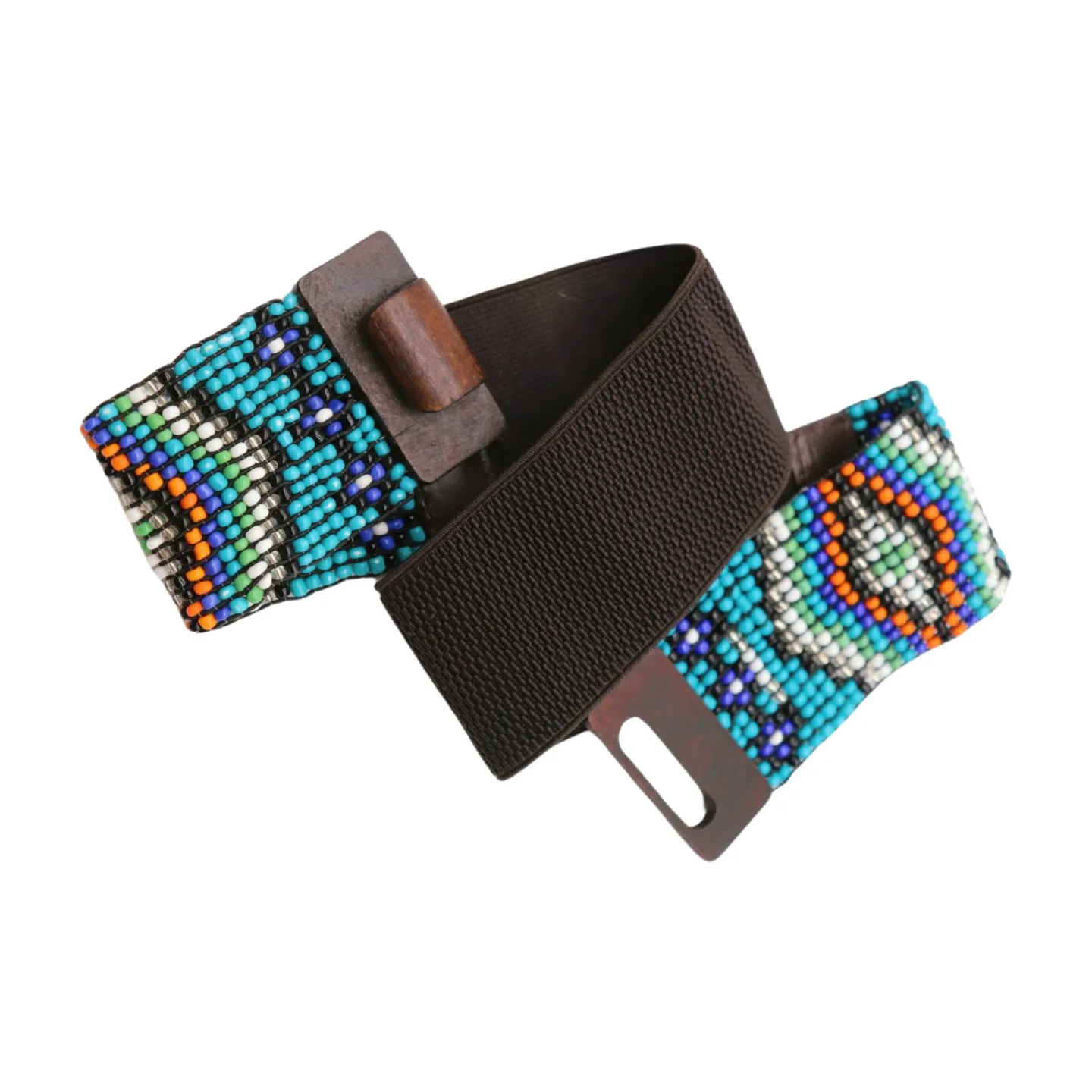Women Blue Beads Elastic Ethnic Belt Brown Wood Buckle S M