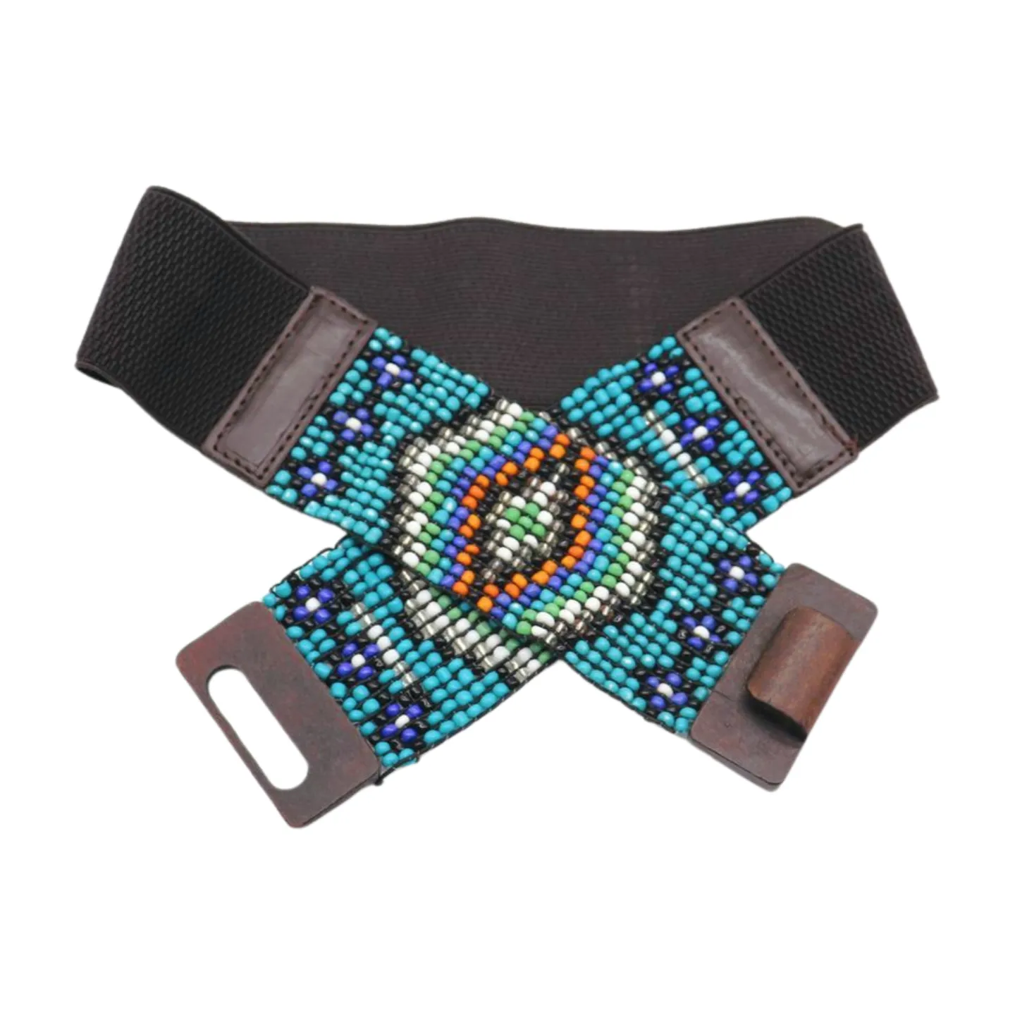 Women Blue Beads Elastic Ethnic Belt Brown Wood Buckle S M