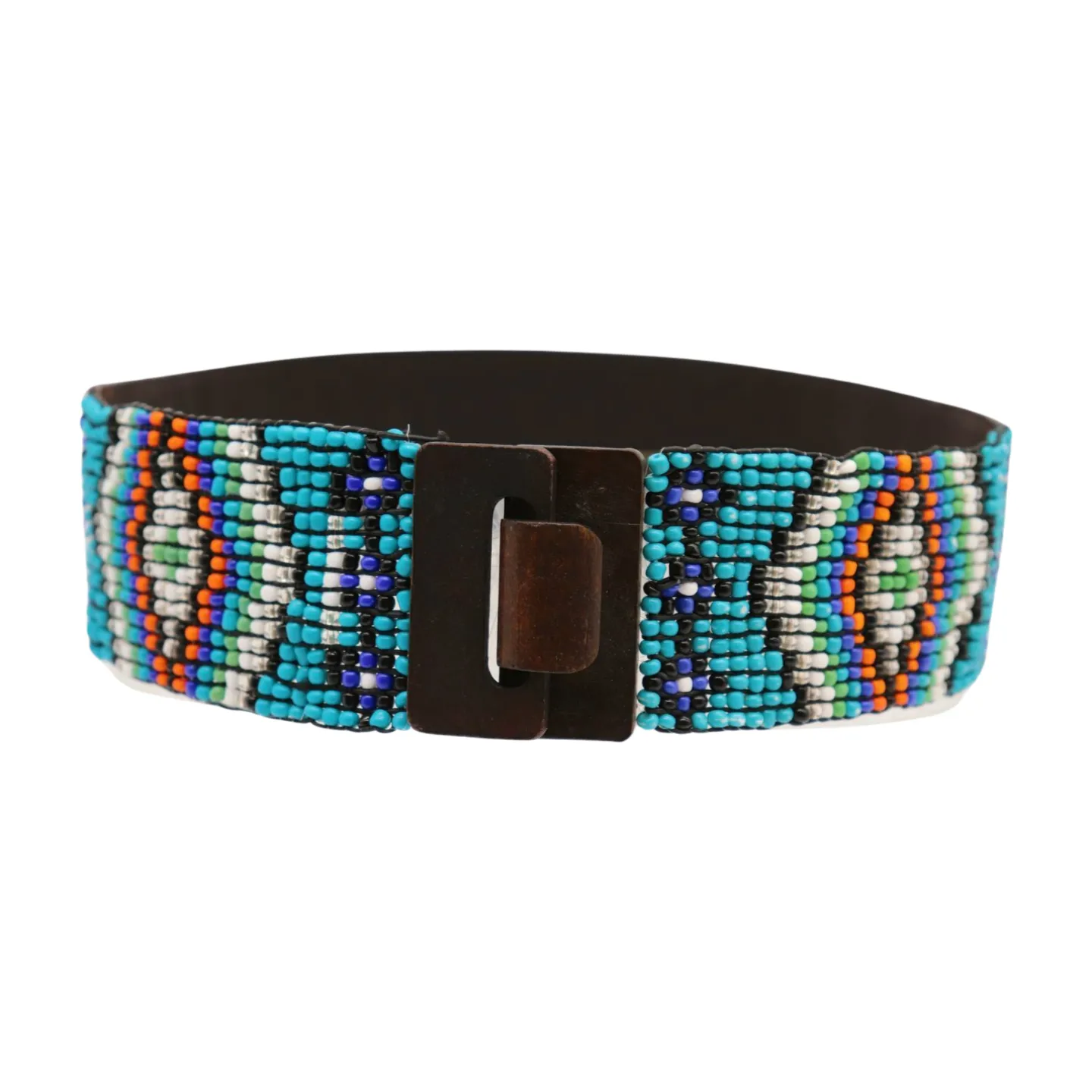 Women Blue Beads Elastic Ethnic Belt Brown Wood Buckle S M