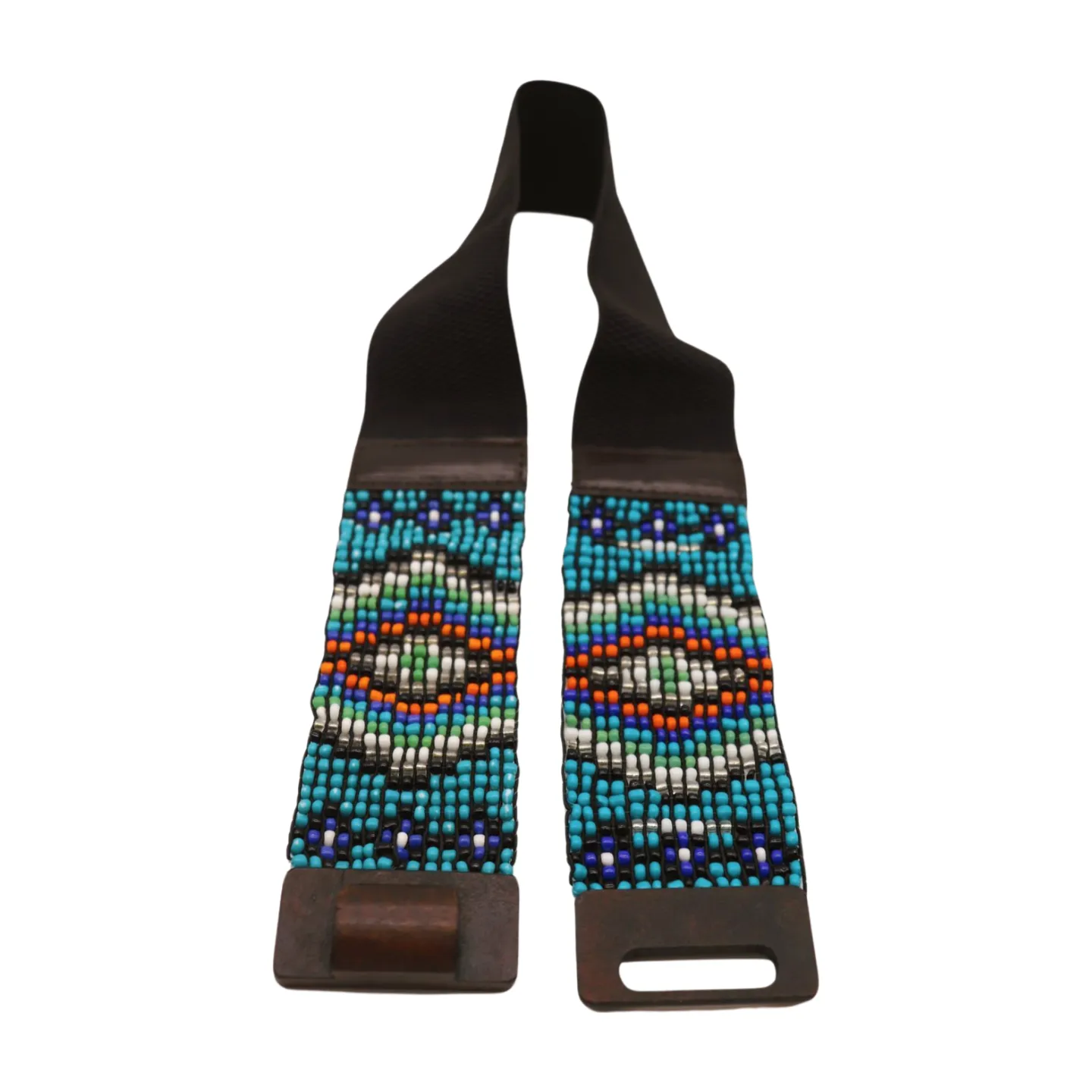 Women Blue Beads Elastic Ethnic Belt Brown Wood Buckle S M