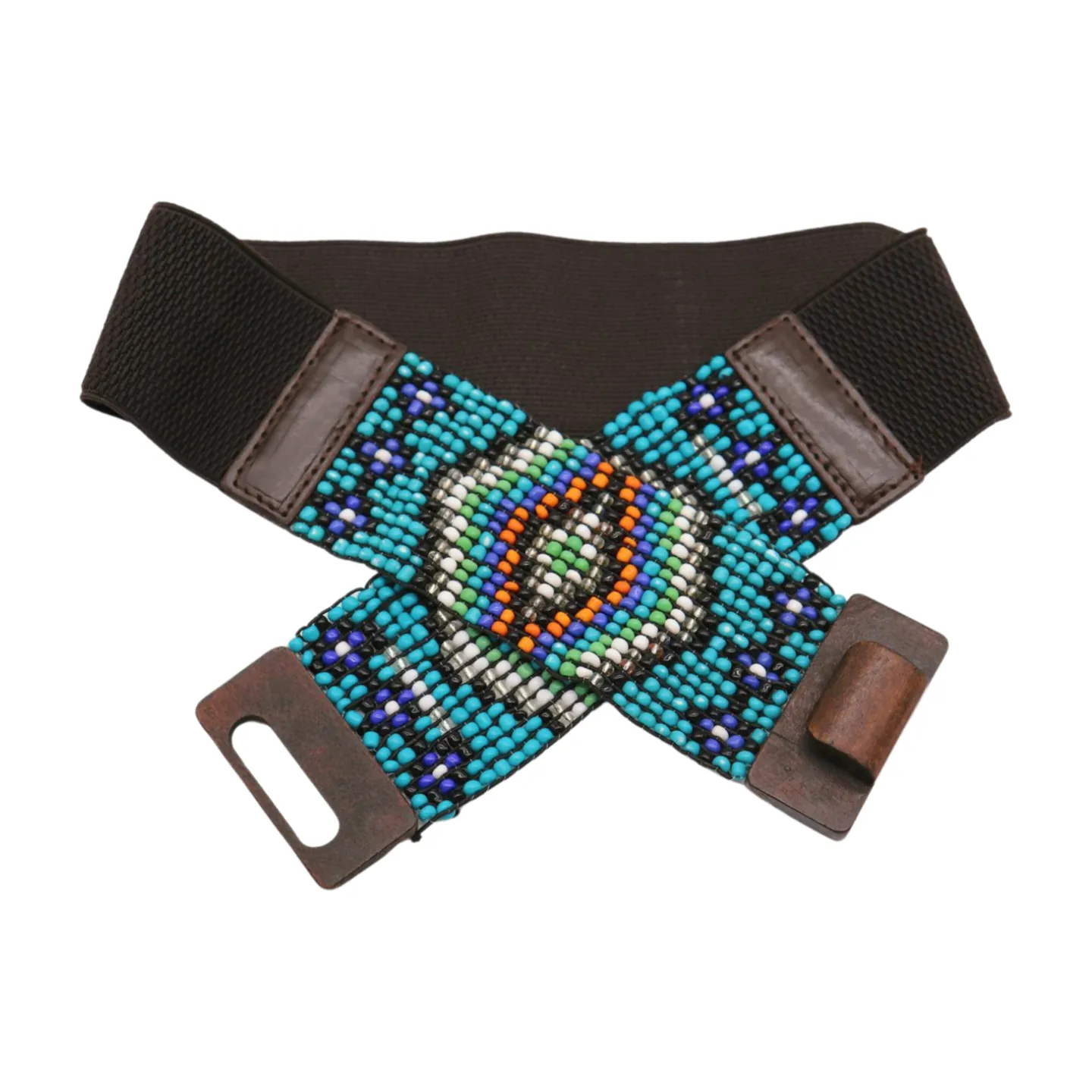 Women Blue Beads Elastic Ethnic Belt Brown Wood Buckle S M