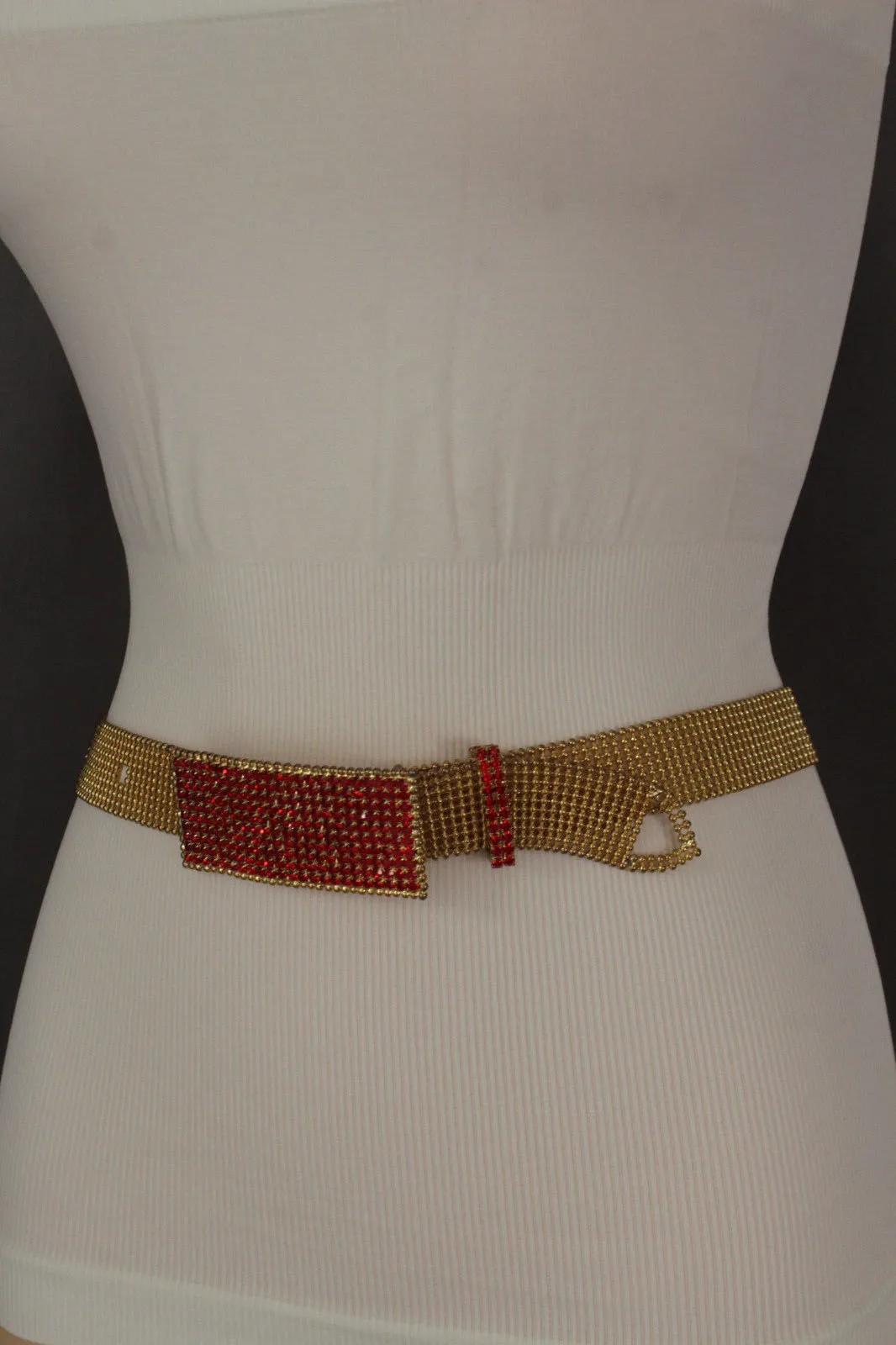 Women Blue Beads Elastic Ethnic Belt Brown Wood Buckle S M