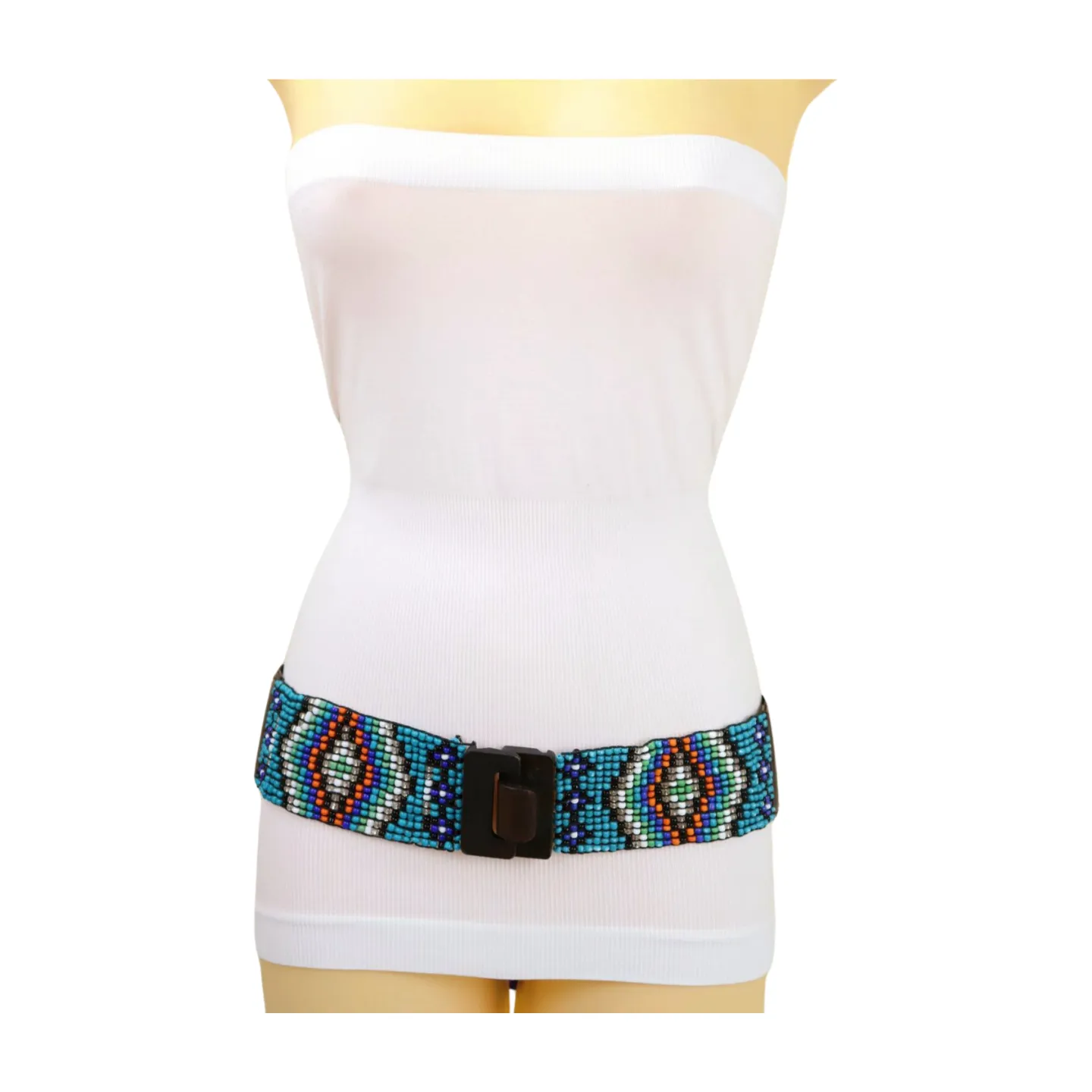 Women Blue Beads Elastic Ethnic Belt Brown Wood Buckle S M