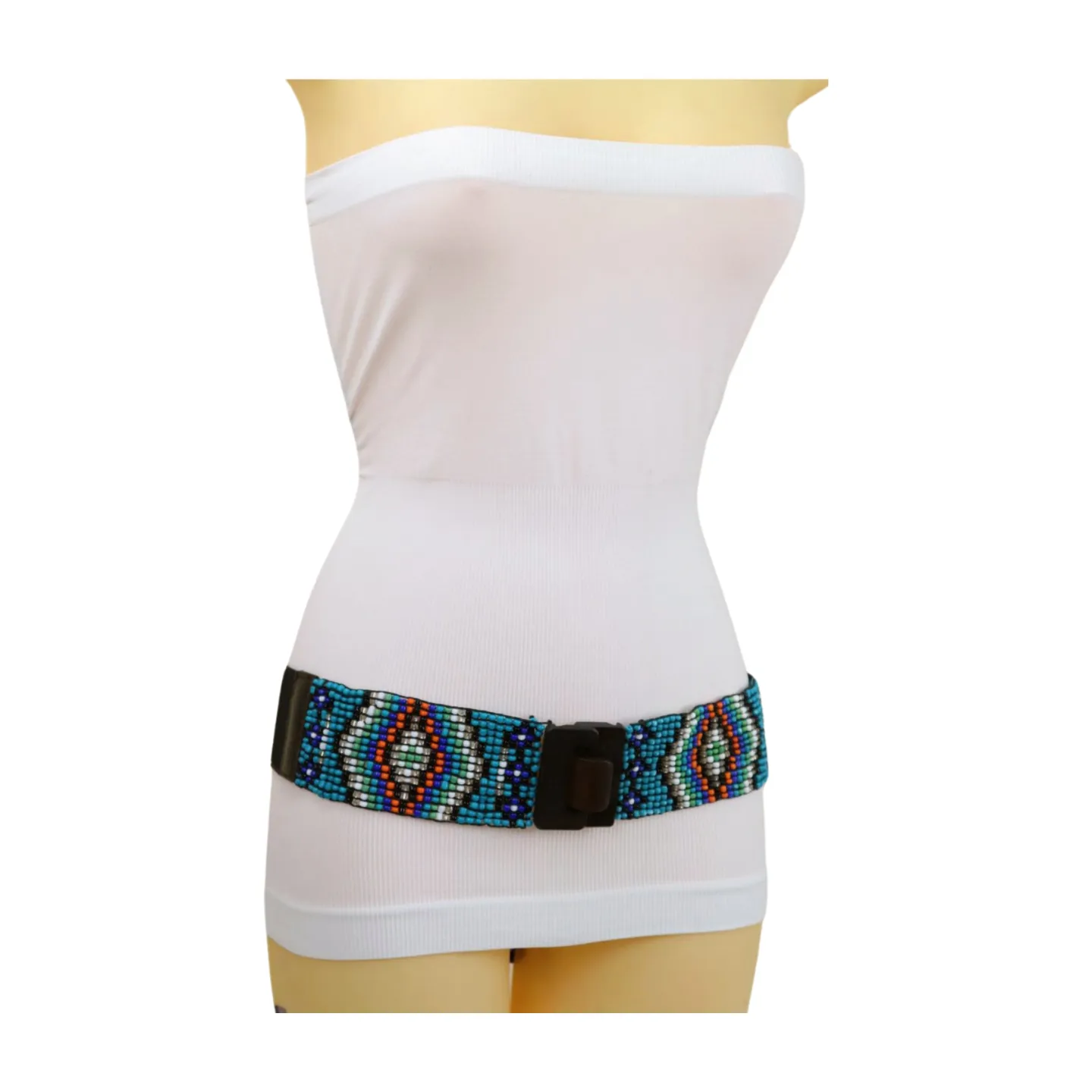 Women Blue Beads Elastic Ethnic Belt Brown Wood Buckle S M