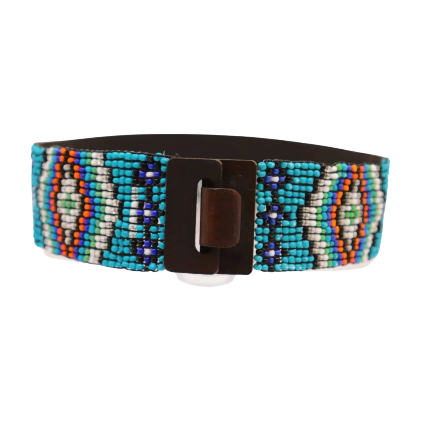 Women Blue Beads Elastic Ethnic Belt Brown Wood Buckle S M