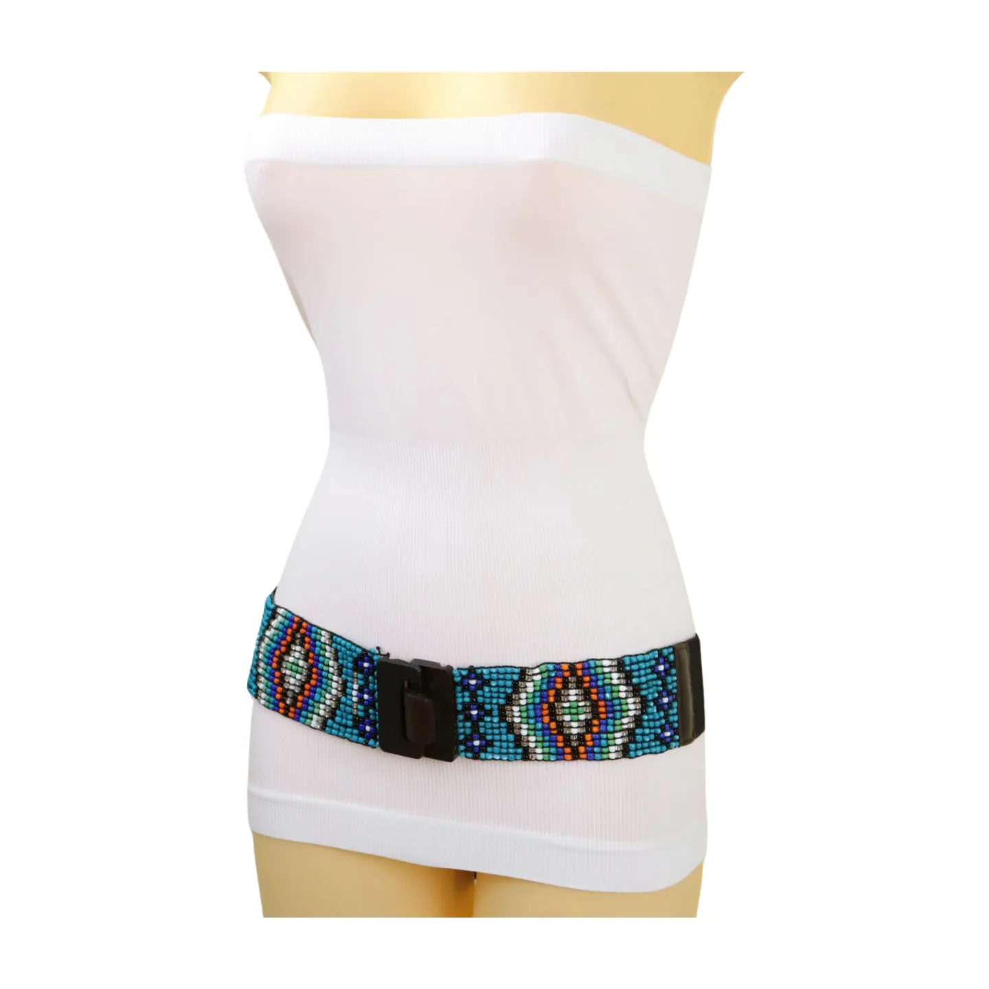Women Blue Beads Elastic Ethnic Belt Brown Wood Buckle S M