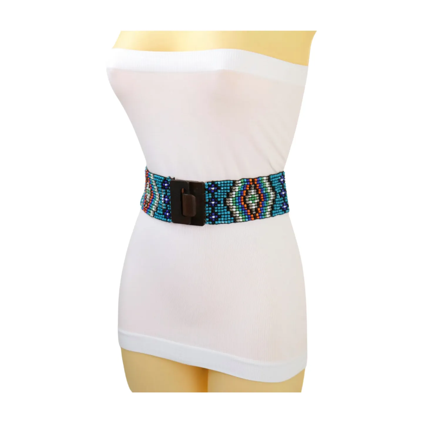Women Blue Beads Elastic Ethnic Belt Brown Wood Buckle S M