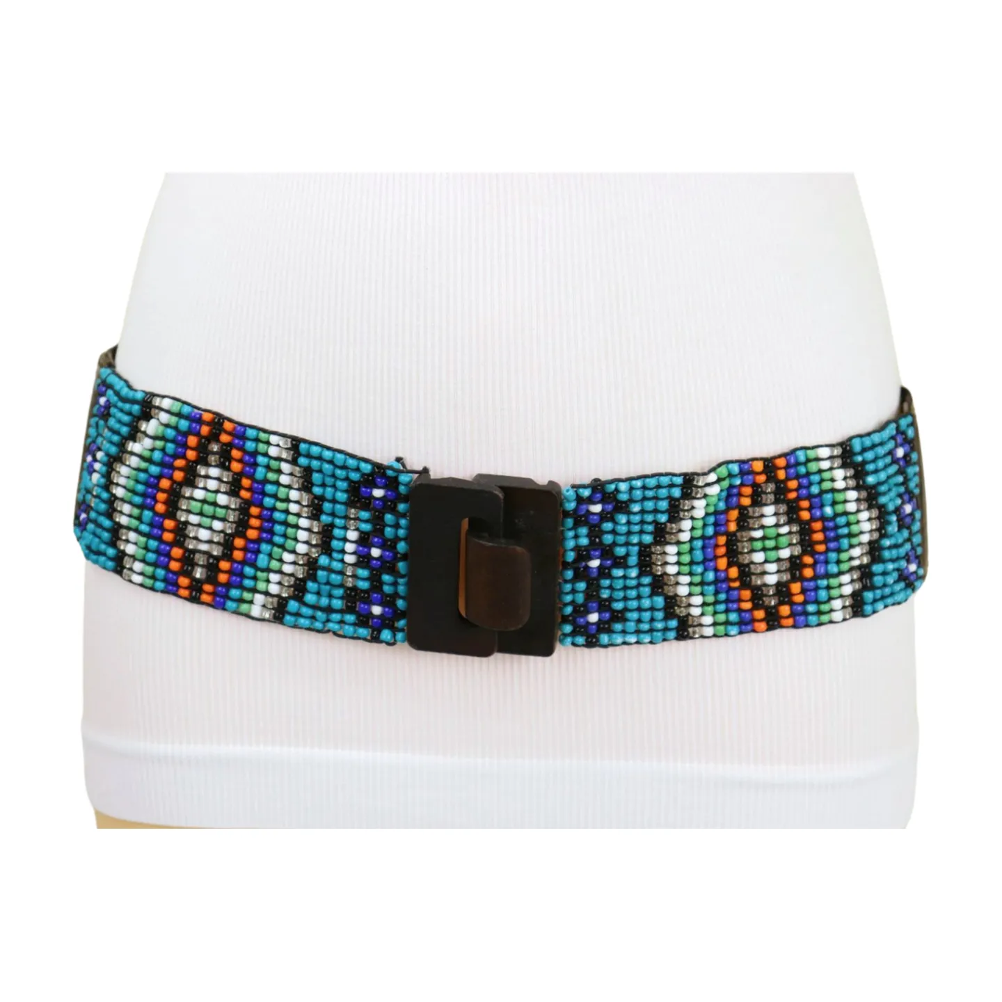 Women Blue Beads Elastic Ethnic Belt Brown Wood Buckle S M