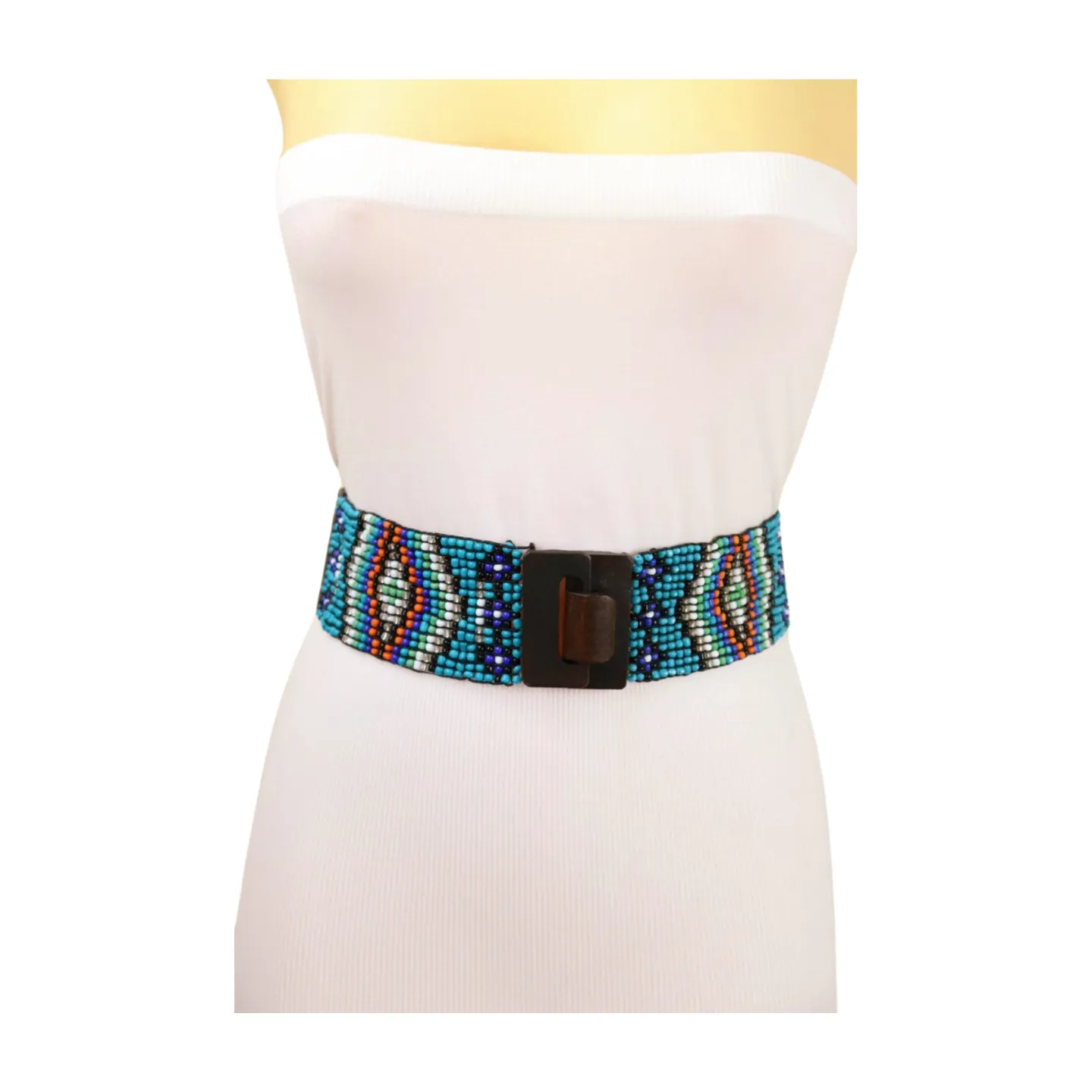 Women Blue Beads Elastic Ethnic Belt Brown Wood Buckle S M