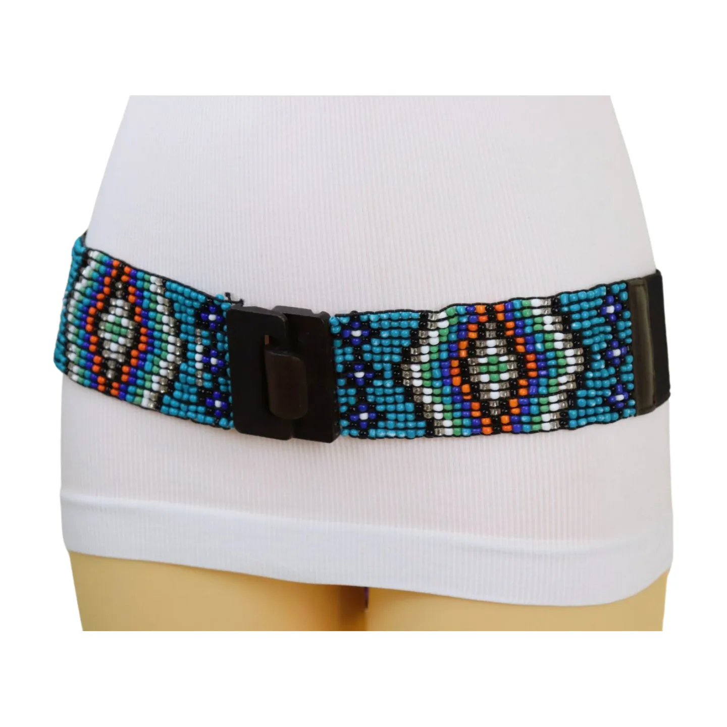 Women Blue Beads Elastic Ethnic Belt Brown Wood Buckle S M