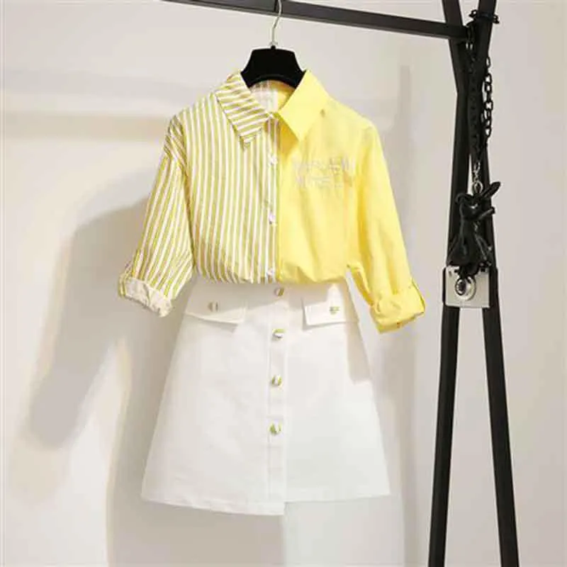 Women Blue Long Sleeve Striped Shirt White Sexy Skirt 2pcs Office Lady Shirt Skirt Suit