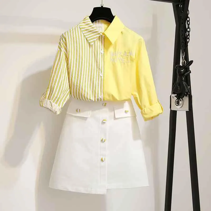 Women Blue Long Sleeve Striped Shirt White Sexy Skirt 2pcs Office Lady Shirt Skirt Suit