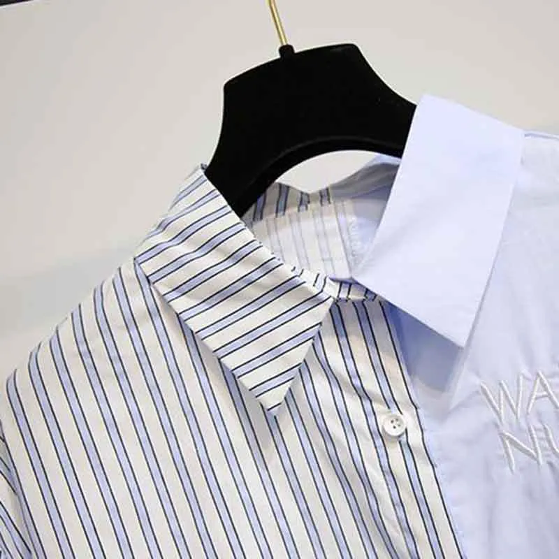 Women Blue Long Sleeve Striped Shirt White Sexy Skirt 2pcs Office Lady Shirt Skirt Suit