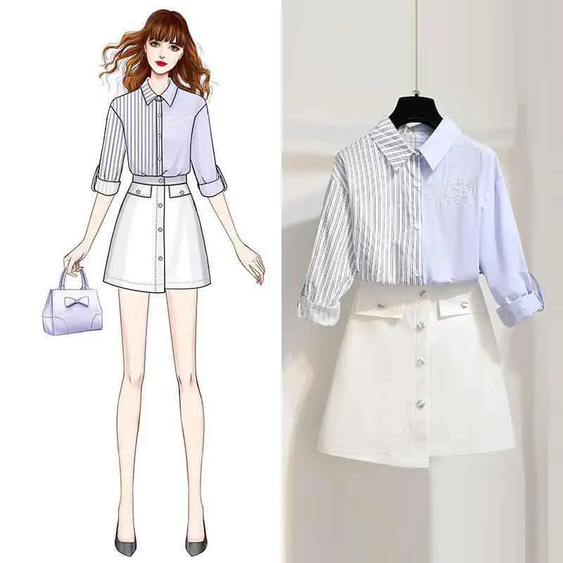 Women Blue Long Sleeve Striped Shirt White Sexy Skirt 2pcs Office Lady Shirt Skirt Suit