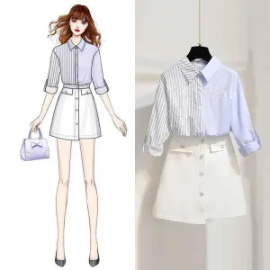 Women Blue Long Sleeve Striped Shirt White Sexy Skirt 2pcs Office Lady Shirt Skirt Suit