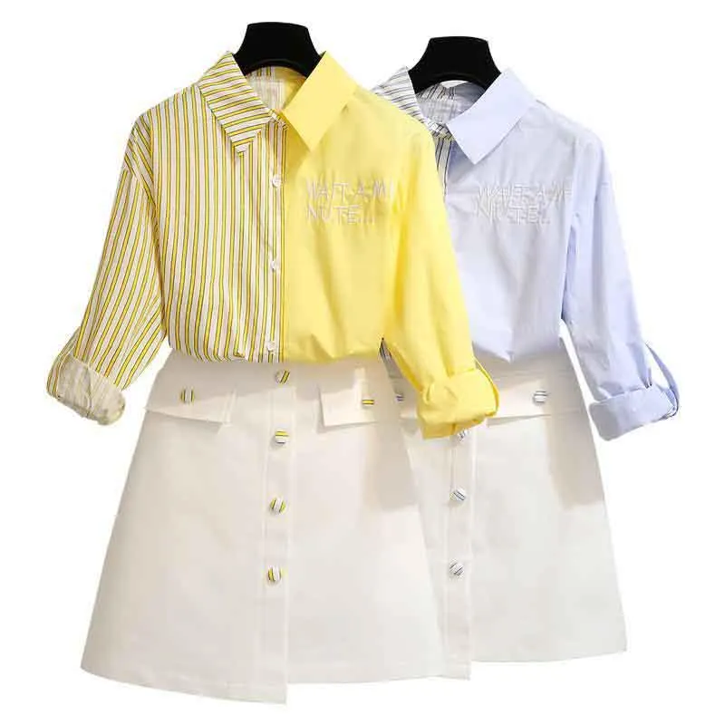 Women Blue Long Sleeve Striped Shirt White Sexy Skirt 2pcs Office Lady Shirt Skirt Suit