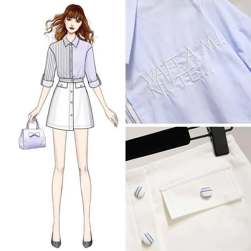 Women Blue Long Sleeve Striped Shirt White Sexy Skirt 2pcs Office Lady Shirt Skirt Suit