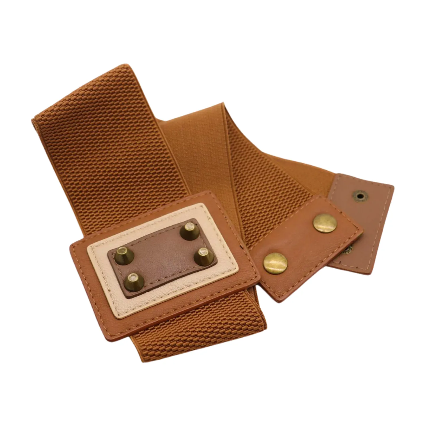 Women Brown Wide Elastic Fashion Belt Geometric Square Antique Gold Studs Size S M