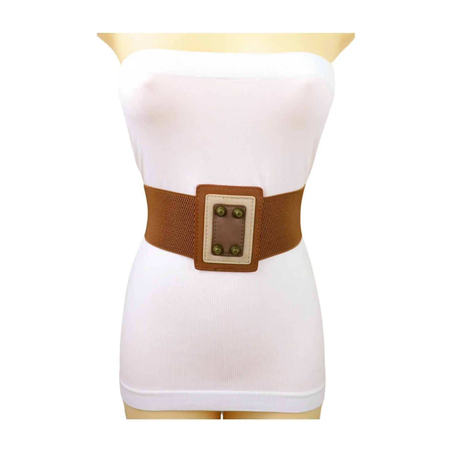 Women Brown Wide Elastic Fashion Belt Geometric Square Antique Gold Studs Size S M