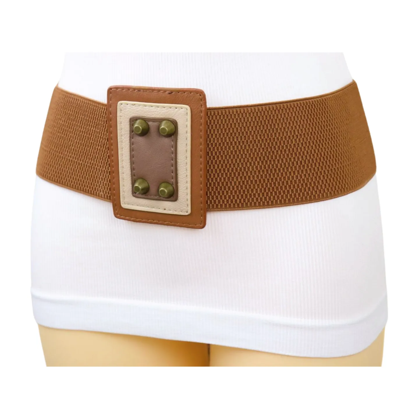 Women Brown Wide Elastic Fashion Belt Geometric Square Antique Gold Studs Size S M