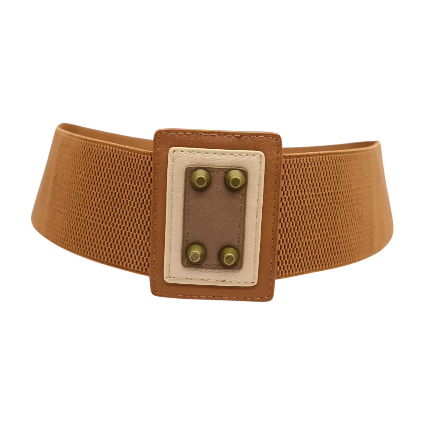 Women Brown Wide Elastic Fashion Belt Geometric Square Antique Gold Studs Size S M