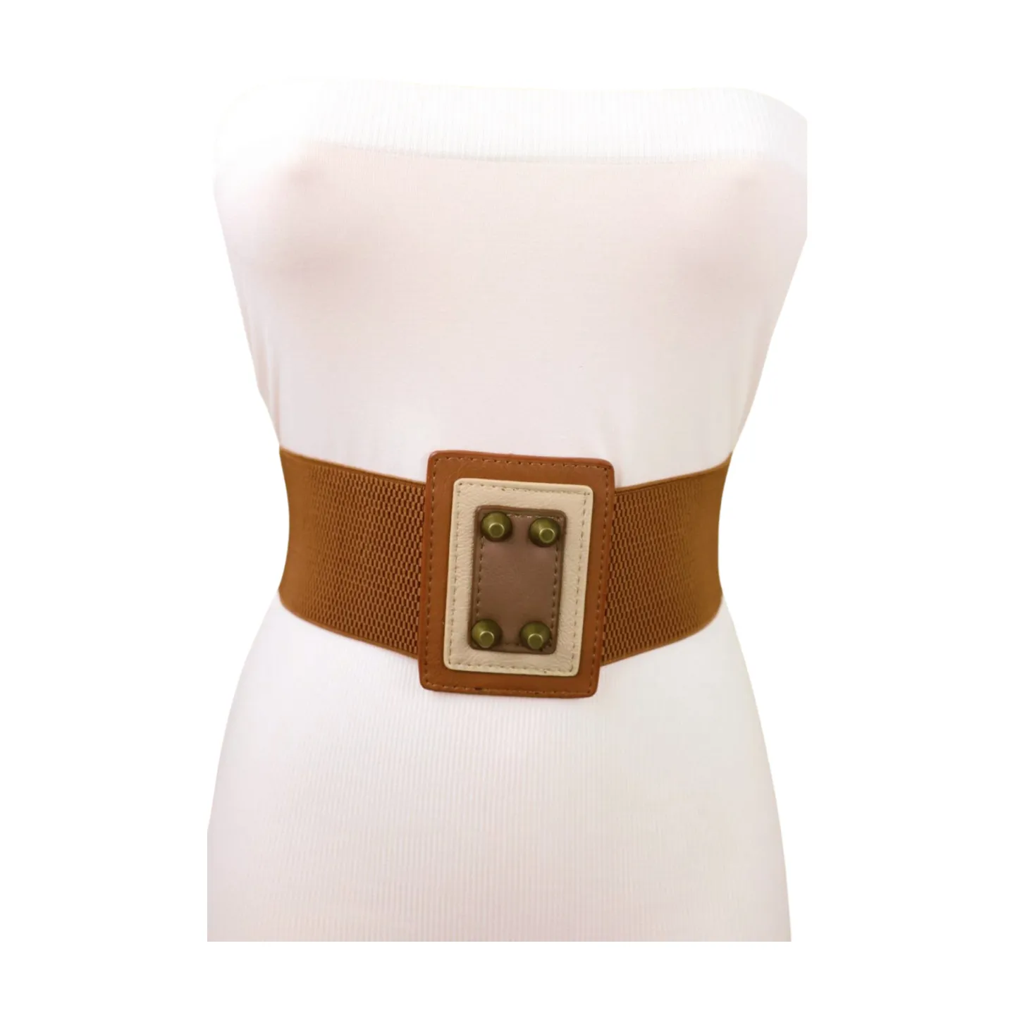 Women Brown Wide Elastic Fashion Belt Geometric Square Antique Gold Studs Size S M