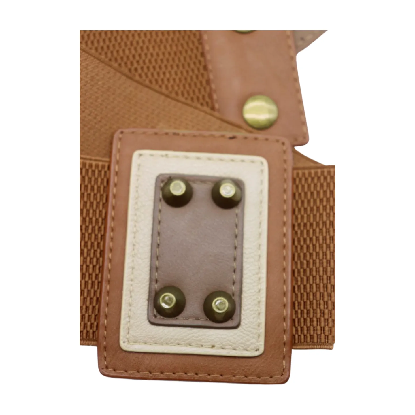 Women Brown Wide Elastic Fashion Belt Geometric Square Antique Gold Studs Size S M