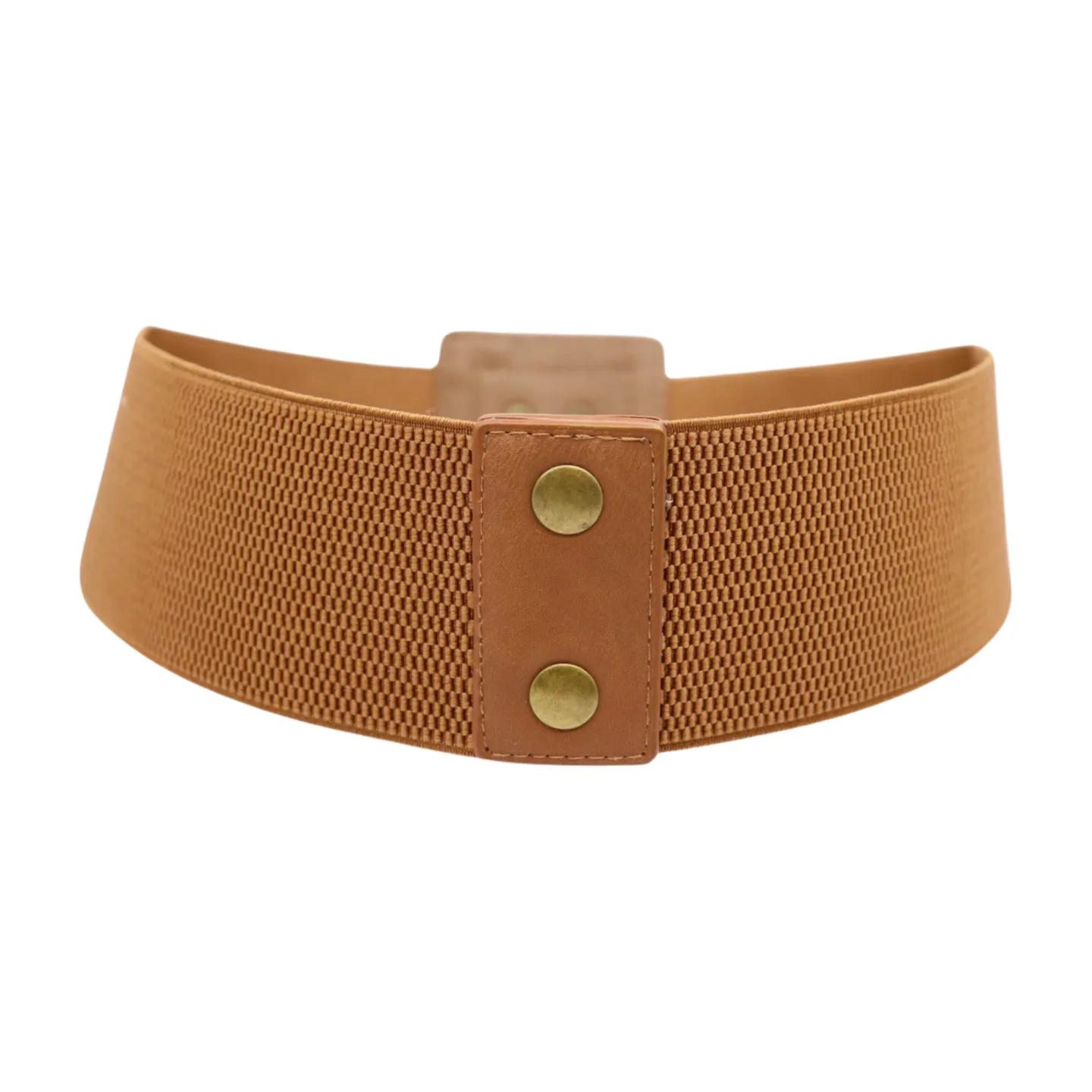 Women Brown Wide Elastic Fashion Belt Geometric Square Antique Gold Studs Size S M