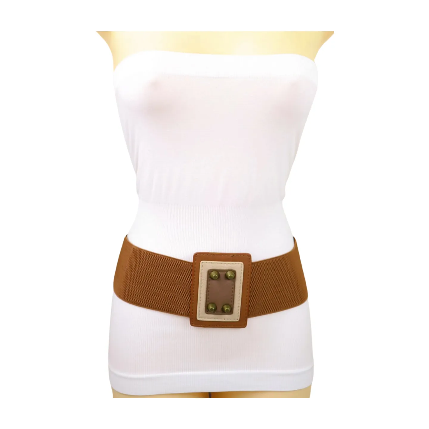 Women Brown Wide Elastic Fashion Belt Geometric Square Antique Gold Studs Size S M