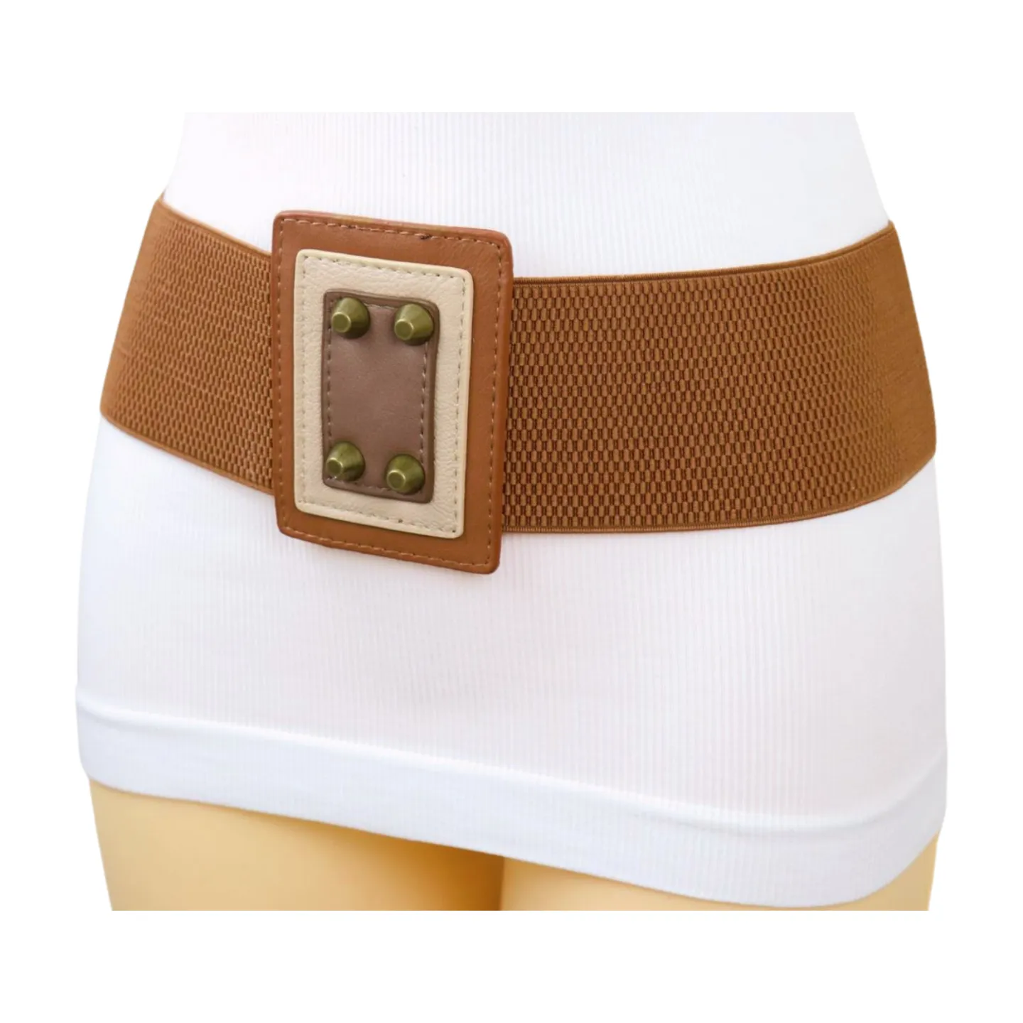 Women Brown Wide Elastic Fashion Belt Geometric Square Antique Gold Studs Size S M