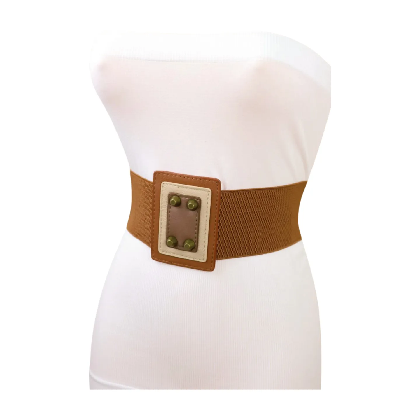 Women Brown Wide Elastic Fashion Belt Geometric Square Antique Gold Studs Size S M